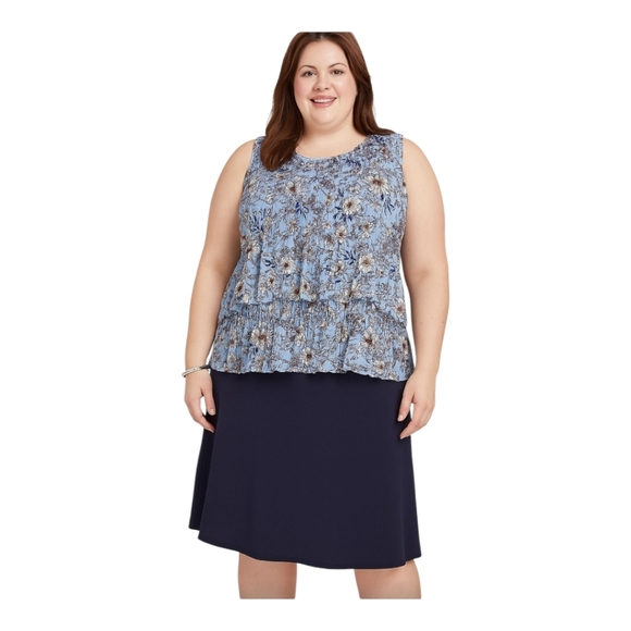 Cato Women's Plus Floral Pleated Blue White Sleeveless Flounce Blouse To… - Picture 1 of 5